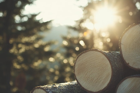 Close up of stacked tree trunks amidst pine trees with sunlight ideal for commercial banner design