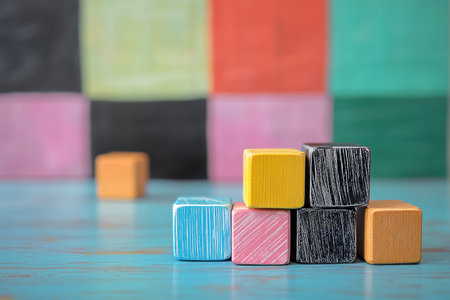 Vibrant wooden cubes on a table with blackboard background for creative business conceptsの写真素材