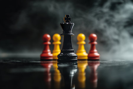 Black king chess piece surrounded by red and yellow pawns on dark background for strategyの写真素材