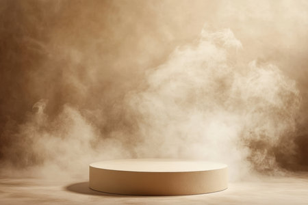 Elegant beige abstract background with smoke on round podium for product presentation mockupの写真素材