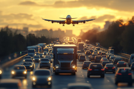 Photorealistic scene of a truck on a highway surrounded by cars in traffic, with an airplane aboveの写真素材