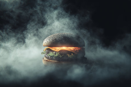 Glowing Cheeseburger on Smoky Black Background, Concept for Food, Indulgence, Fast foodの写真素材