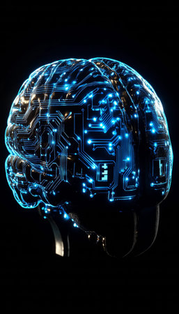 Intricate 3d visualization of a brain with luminescent circuit pattern on dark background