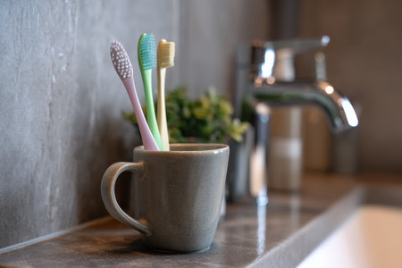 Close up of two toothbrushes in a cup on a bathroom counter with modern interior backgroundの写真素材