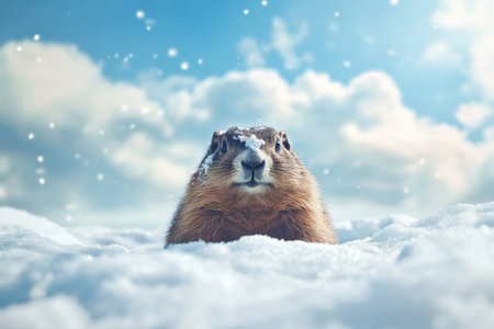 Charming groundhog in snowy winter landscape close up portrait against blue sky and cloudsの写真素材