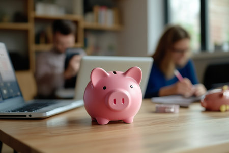 Young couple engaged in freelance financial work at home with laptop and piggy bank on tableの写真素材