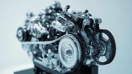 Close up of belt drive engine at car parts exhibition highlighting mechanical engineering details