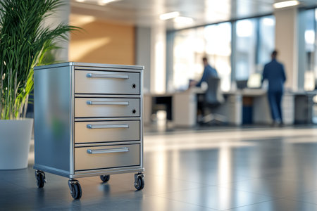 Modern mobile metal chest of drawers in office with blurred workers in daylight settingの写真素材