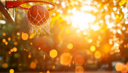 Close up of a basketball in the hoop on an outdoor court with a blurred background and warm tonesの写真素材