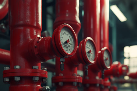 Close up of red gauges and industrial pipes in a modern factory setting with water flowの写真素材