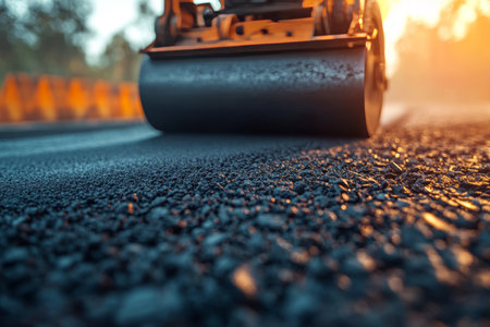 Close up of an asphalt roller compacting tarmac with stunning details and cinematic lighting effectsの写真素材