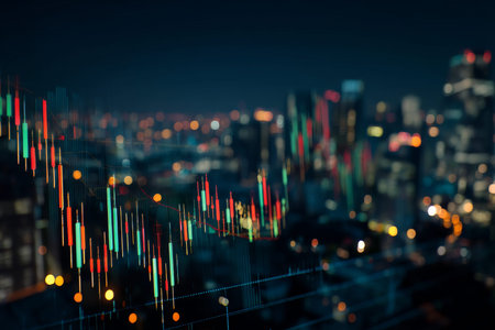 Illuminated stock market graph and candlestick chart over Lexington s nighttime cityscape