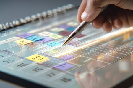 Businessman using digital pen on calendar with hologram screen in ai technology environmentの写真素材