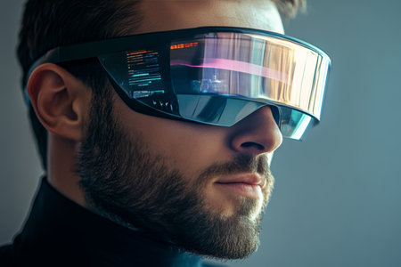 Close up of a man with futuristic augmented reality glasses and data display on gray backgroundの写真素材