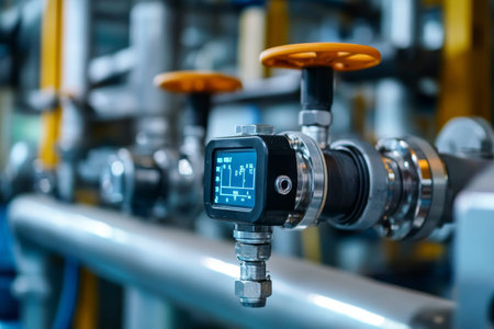 Close up of a contemporary digital screen on a water flow control valve in an industrial setting