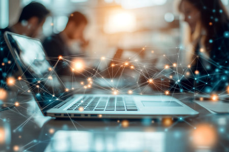 Business professionals collaborated in a modern office with digital connections and global networkingの写真素材