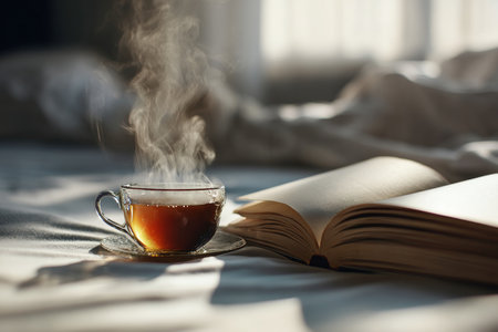 Calm morning atmosphere with tea and book on bed, sunlight streaming through windowの写真素材