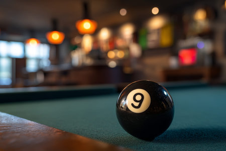 Close up of a numbered billiard ball on table with blurred bar interior in background
