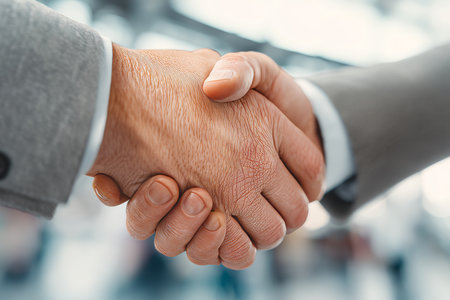 Close up of a business handshake in an office with blurred background and ample copy spaceの写真素材