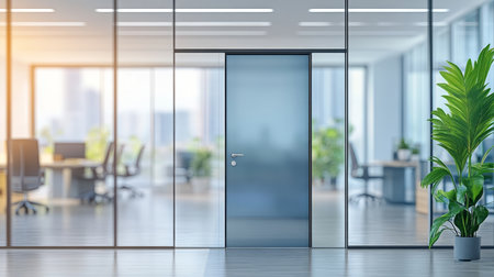 Modern office interior with blurred glass door and panoramic windows in a blue color schemeの写真素材