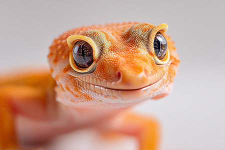 Adorable close up of a smiling orange gecko with big eyes and detailed skin texture in soft lightの写真素材