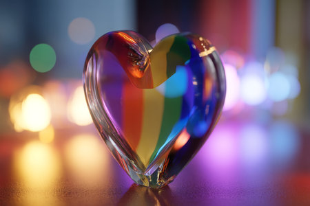 Vibrant rainbow glass heart against a colorful bokeh background celebrating lgbtq pride and loveの写真素材