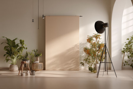 Minimalist studio with empty beige canvas mockup and softbox lighting for product photographyの写真素材