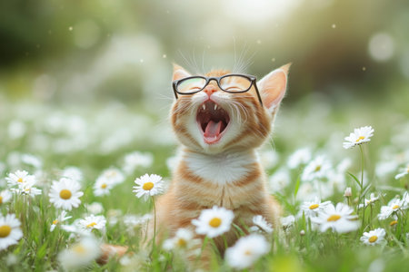 Joyful red kitten with glasses singing among daisies in a bright spring nature sceneの写真素材