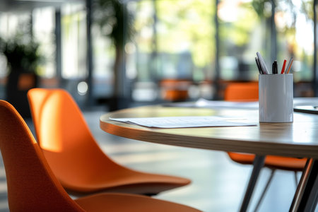 Modern office meeting room featuring an empty round table with orange chairs and white pen holder