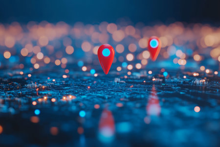 Abstract location map featuring red and blue pins on a digital background with bokeh effectsの写真素材