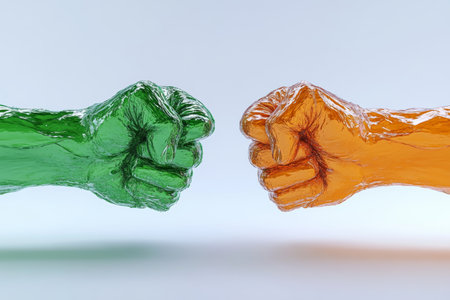 Epic battle pose of transparent glass fists in green and orange symbolizing Indian freedom fightersの写真素材