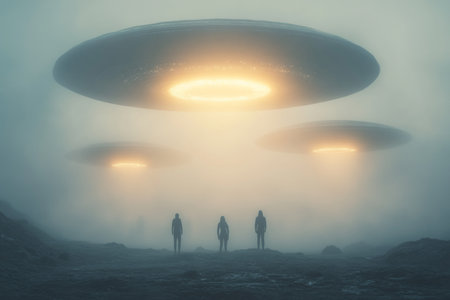 Three ufos hovering in fog on an alien planet with people beneath in a cinematic atmosphereの写真素材