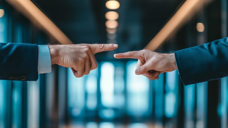 Intense close up of two businessmen confronting each other in an office setting conflict theme