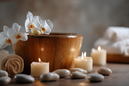 Relaxing spa scene with candles, white orchids, and a wooden bathtub in natural lighting