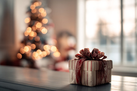 Elegant christmas gift on a table with a blurred room and tree background, space for textの写真素材