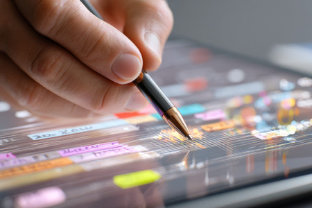 Businessman using a digital pen on a calendar with stickers and hologram for strategic planning