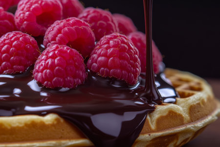 Delicious waffles topped with dark chocolate and fresh raspberries on a rustic wooden tableの写真素材