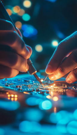 Hands skillfully utilizing precision tools to repair electronic circuit boards with bokeh backgroundの写真素材