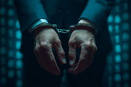 Businessman handcuffed with binary code background a symbol of data security and crime
