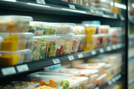 Convenience store food shelf displaying instant meals and beverages with neatly arranged cupsの写真素材
