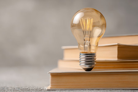 Abstract light bulb symbolizing knowledge on books with copy space banner for educational themesの写真素材