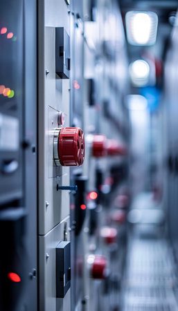 Modern high tech data center interior featuring electrical contactors and wires in light gray designの写真素材