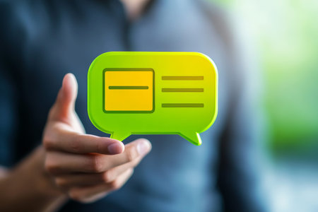 Close up of a man with a green speech bubble featuring a mobile phone icon and blurred background