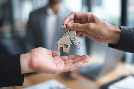 Real estate agent hands over keys to home with woman in suit and man with laptop in modern officeの写真素材