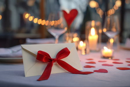 Romantic valentine's day dinner setting with white envelope and red ribbon on a candlelit tableの写真素材