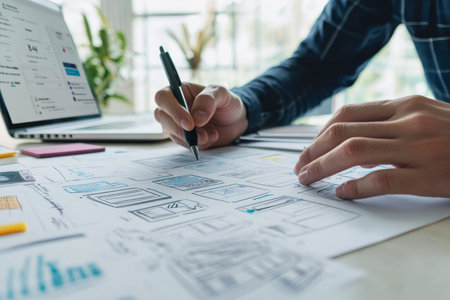 Designer creating wireframe concepts for mobile app on paper with laptop in background