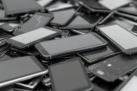 Collection of mobile devices on white background phones and tablets in black and gray tonesの写真素材