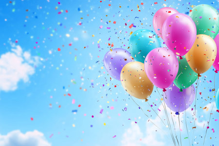 Vibrant birthday celebration background with balloons and confetti on a blue sky canvas