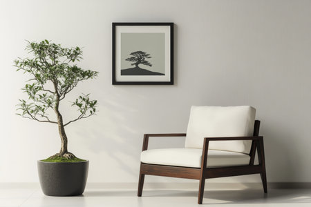 Minimalist interior design featuring modern lounge chair and bonsai tree in a clean ambianceの写真素材