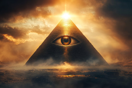 Illuminated eye through giza pyramid a mysterious cinematic vision in dark blue and orange